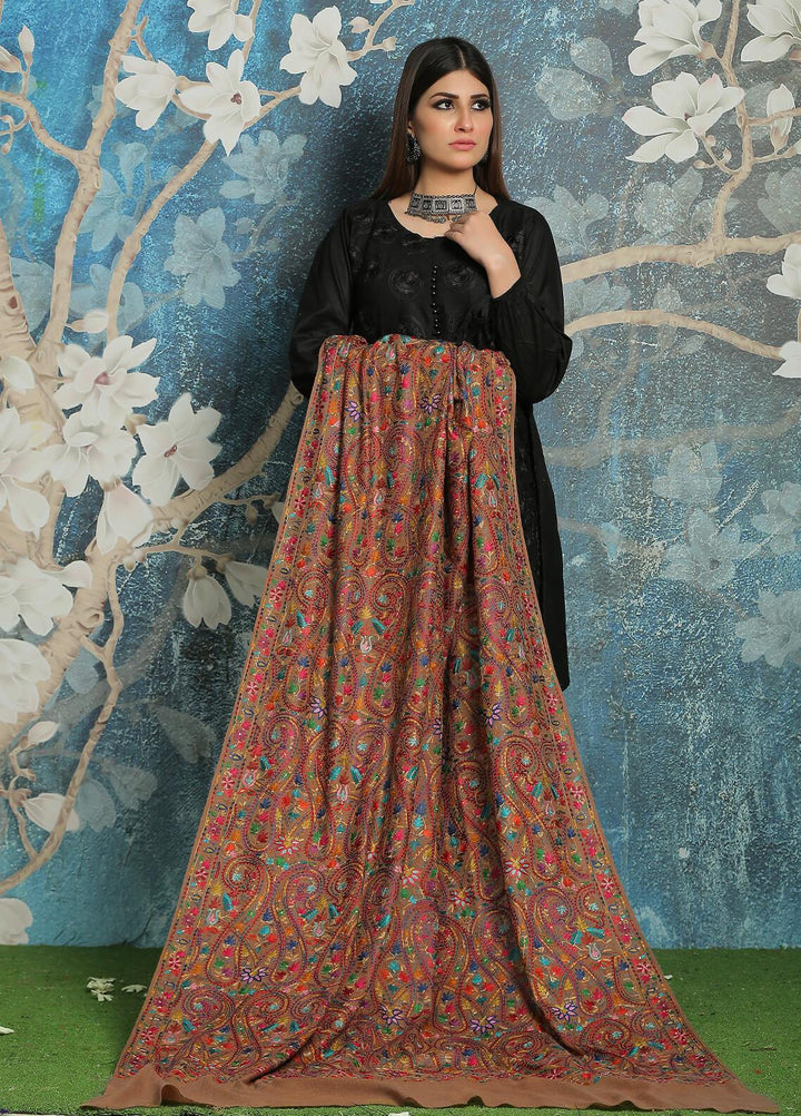 Sanaulla Exclusive Range Embroidered Pashmina  Shawl MIR-44 Brown 4 - Pashmina Shawls