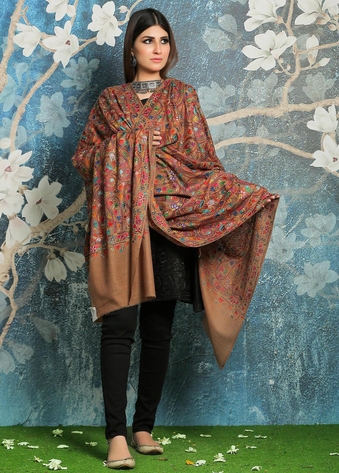 Sanaulla Exclusive Range Embroidered Pashmina  Shawl MIR-44 Brown 4 - Pashmina Shawls