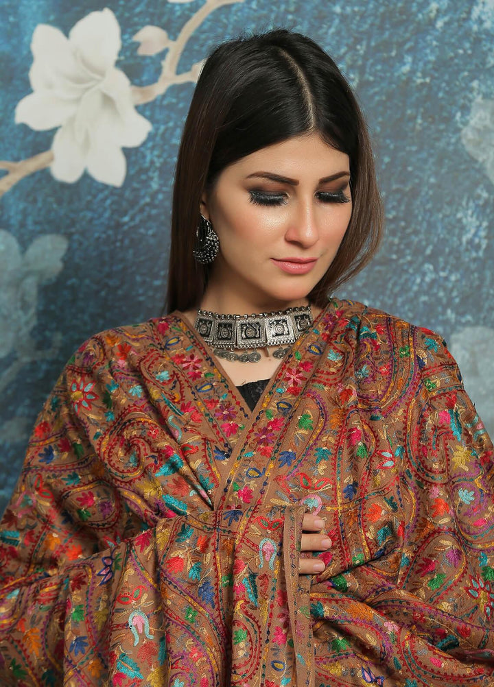 Sanaulla Exclusive Range Embroidered Pashmina  Shawl MIR-44 Brown 4 - Pashmina Shawls