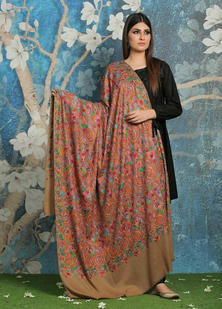 Sanaulla Exclusive Range Embroidered Pashmina  Shawl MIR-44 Brown5 - Pashmina Shawls