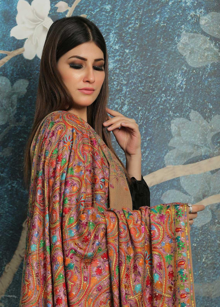 Sanaulla Exclusive Range Embroidered Pashmina  Shawl MIR-44 Brown5 - Pashmina Shawls