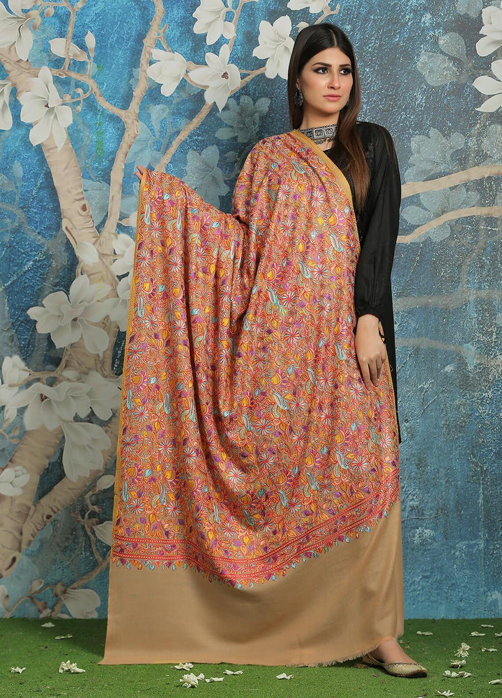 Sanaulla Exclusive Range Embroidered Pashmina  Shawl MIR-44 Fawn 2 - Pashmina Shawls