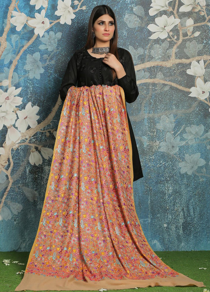 Sanaulla Exclusive Range Embroidered Pashmina  Shawl MIR-44 Fawn 2 - Pashmina Shawls