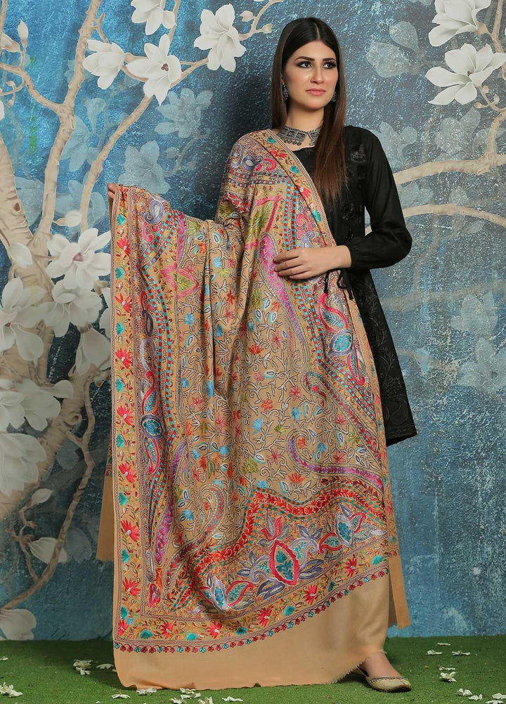 Sanaulla Exclusive Range Embroidered Pashmina  Shawl MIR-44 Fawn 3 - Pashmina Shawls