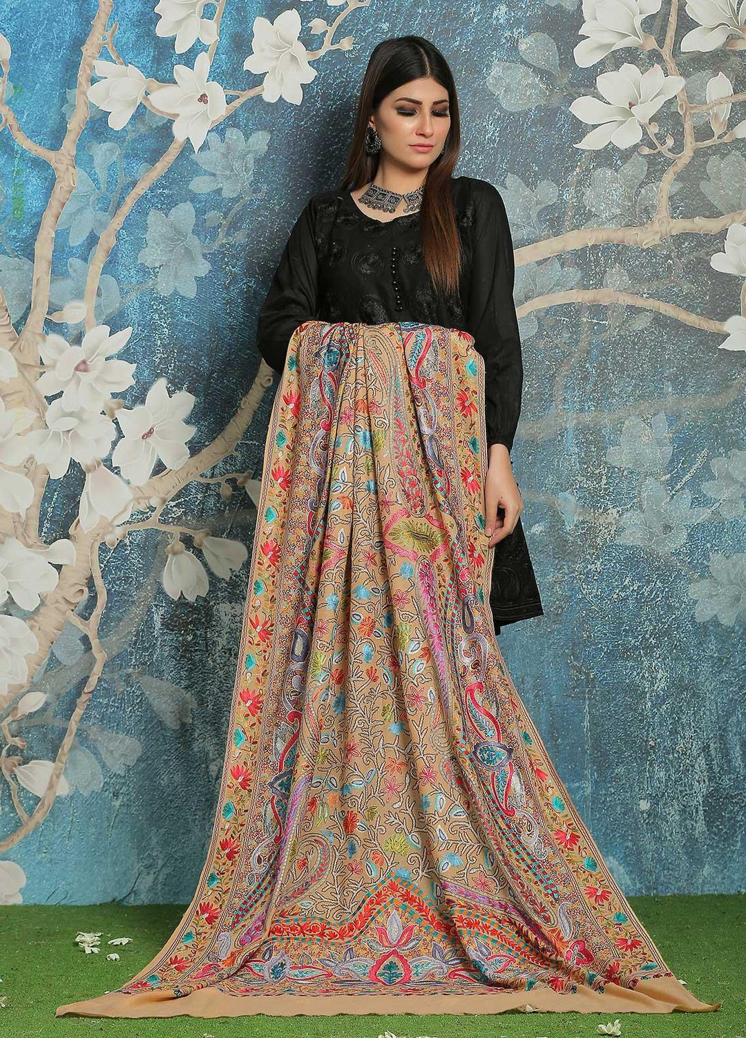 Sanaulla Exclusive Range Embroidered Pashmina  Shawl MIR-44 Fawn 3 - Pashmina Shawls