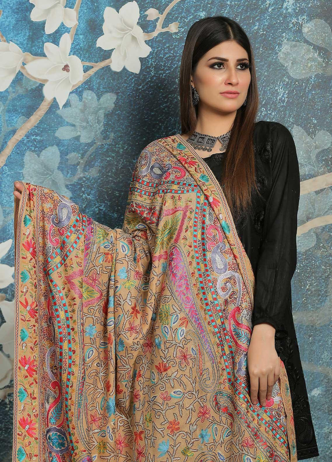 Sanaulla Exclusive Range Embroidered Pashmina  Shawl MIR-44 Fawn 3 - Pashmina Shawls