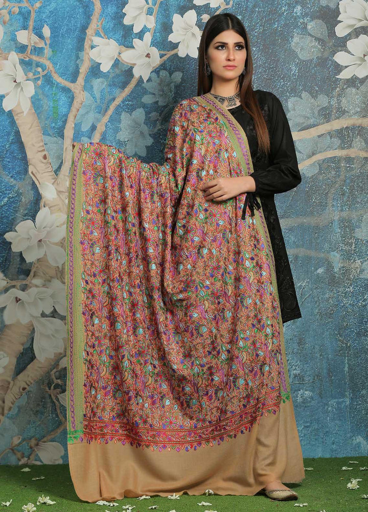 Sanaulla Exclusive Range Embroidered Pashmina  Shawl MIR-44 Fawn 4 - Pashmina Shawls