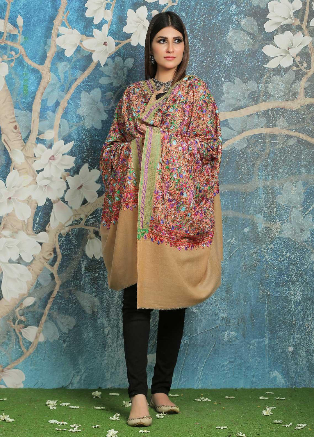 Sanaulla Exclusive Range Embroidered Pashmina  Shawl MIR-44 Fawn 4 - Pashmina Shawls