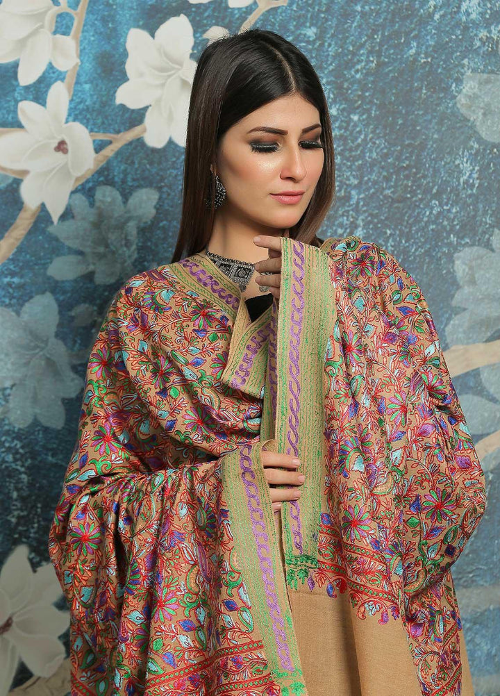 Sanaulla Exclusive Range Embroidered Pashmina  Shawl MIR-44 Fawn 4 - Pashmina Shawls