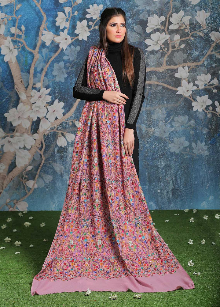 Sanaulla Exclusive Range Embroidered Pashmina  Shawl SU21PP MIR-44 Pink 1 - Pure Pashmina Shawls