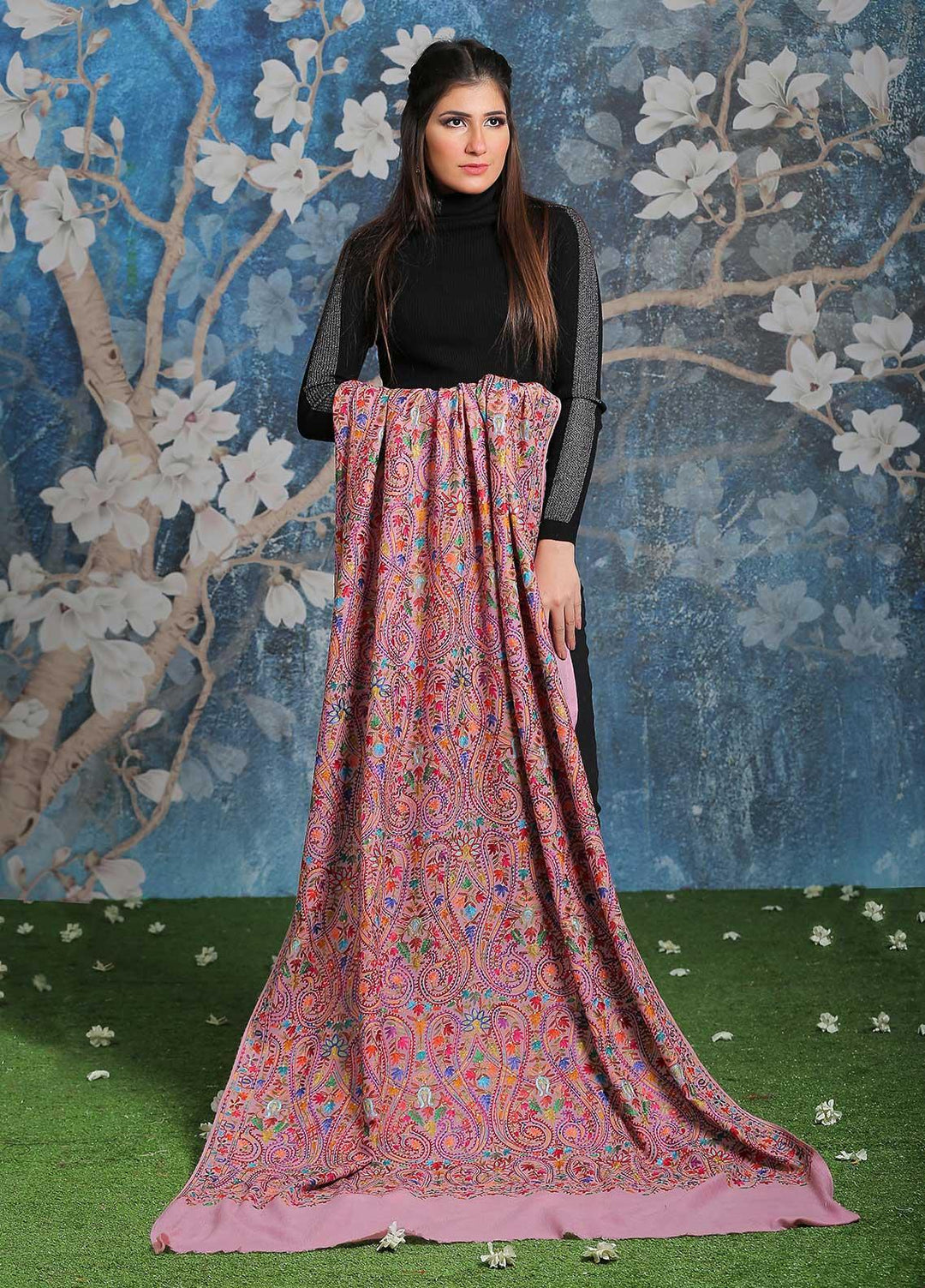 Sanaulla Exclusive Range Embroidered Pashmina  Shawl SU21PP MIR-44 Pink 1 - Pure Pashmina Shawls