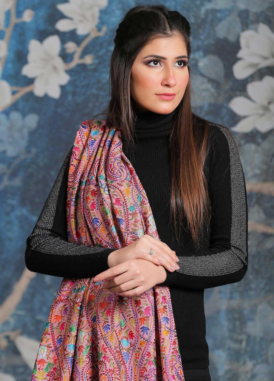 Sanaulla Exclusive Range Embroidered Pashmina  Shawl SU21PP MIR-44 Pink 1 - Pure Pashmina Shawls