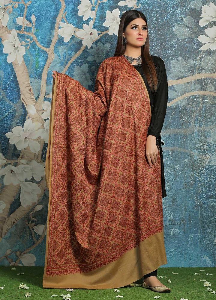 Sanaulla Exclusive Range Embroidered Pashmina  Shawl MIR-45 Fawn 1 - Pashmina Shawls