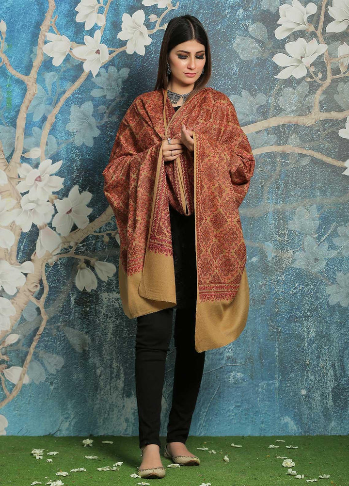 Sanaulla Exclusive Range Embroidered Pashmina  Shawl MIR-45 Fawn 1 - Pashmina Shawls