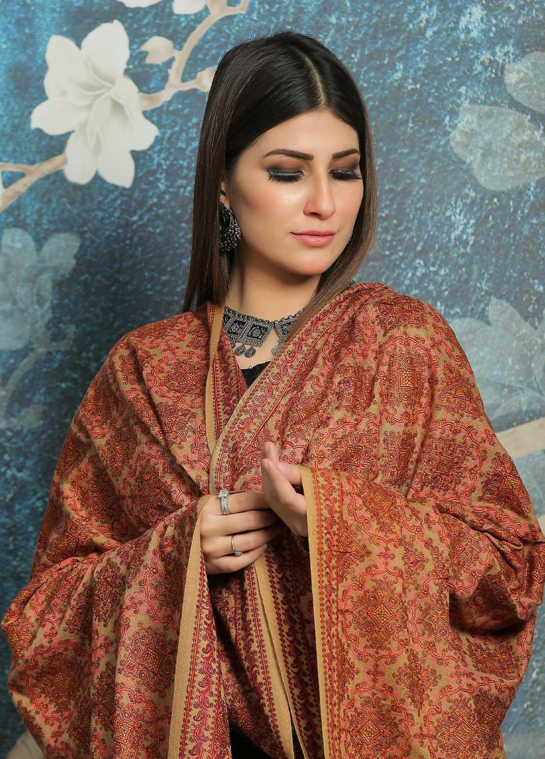 Sanaulla Exclusive Range Embroidered Pashmina  Shawl MIR-45 Fawn 1 - Pashmina Shawls