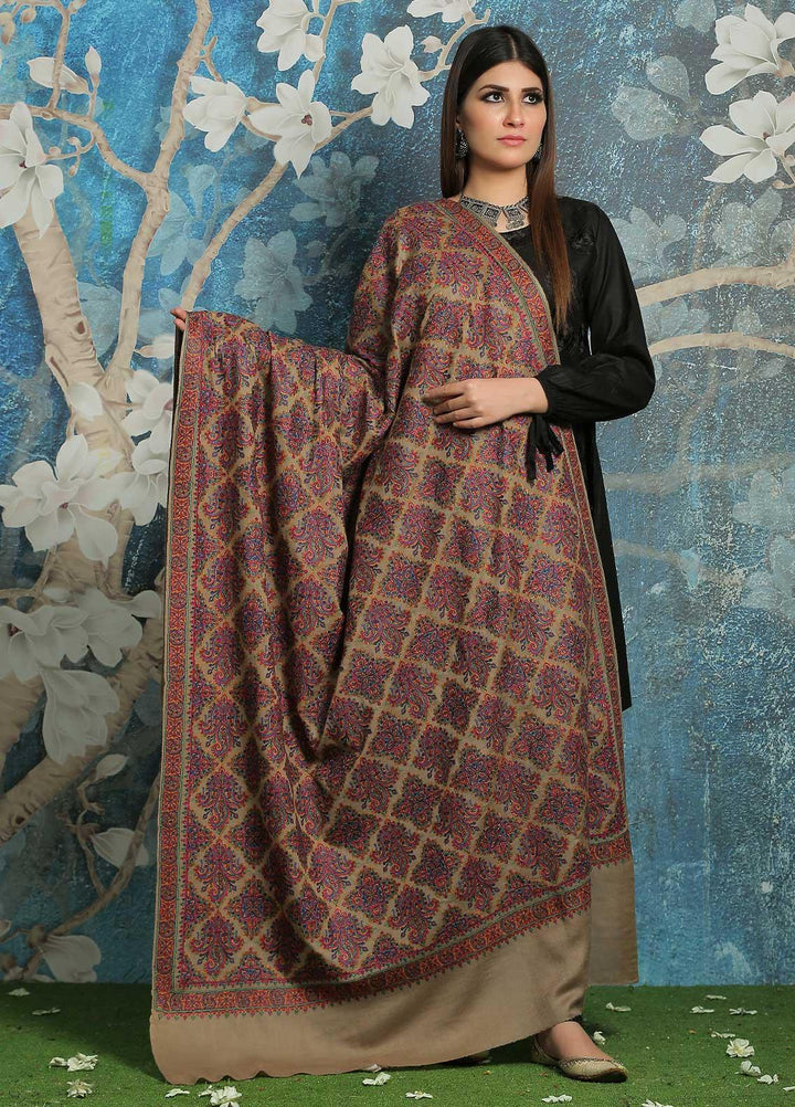 Sanaulla Exclusive Range Embroidered Pashmina  Shawl MIR-45 Fawn 5 - Pashmina Shawls