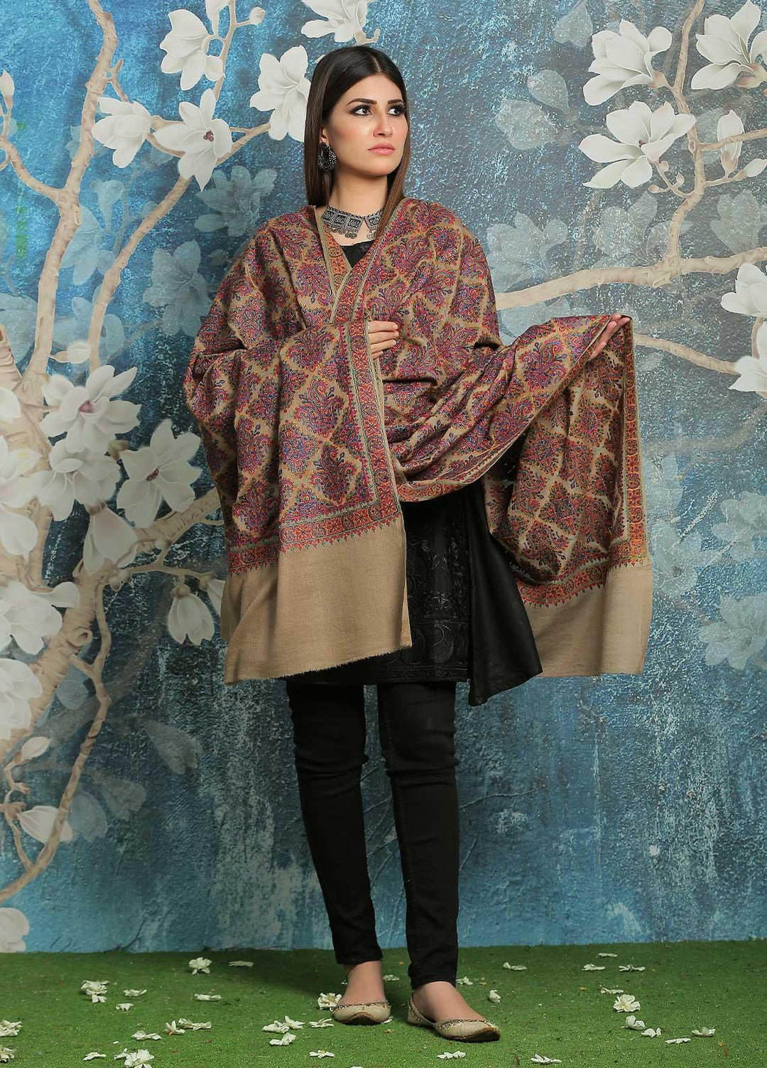 Sanaulla Exclusive Range Embroidered Pashmina  Shawl MIR-45 Fawn 5 - Pashmina Shawls