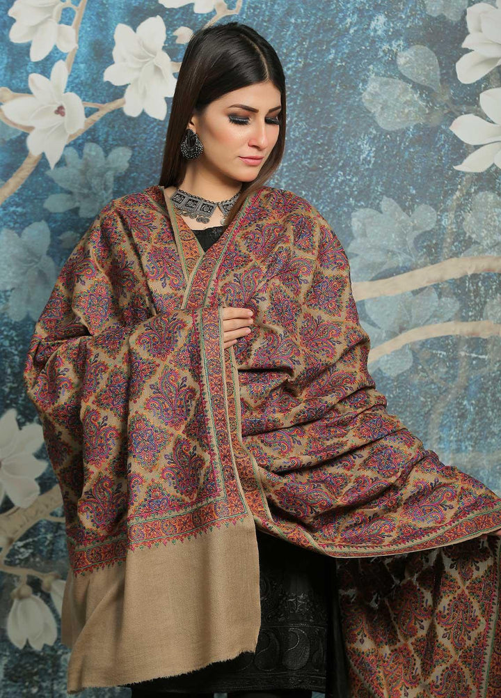 Sanaulla Exclusive Range Embroidered Pashmina  Shawl MIR-45 Fawn 5 - Pashmina Shawls