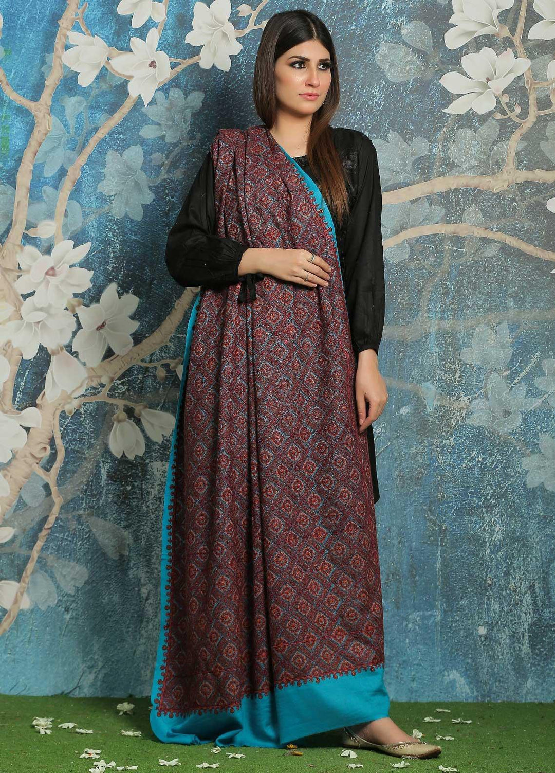 Sanaulla Exclusive Range Embroidered Pashmina  Shawl MIR-45 Ferozi 1 - Pashmina Shawls