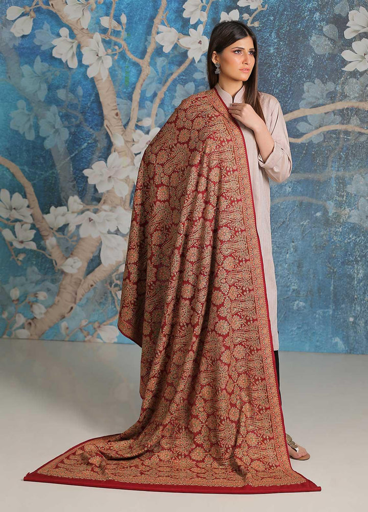 Sanaulla Exclusive Range Embroidered Pashmina  Shawl SU21PP MIR-45 Maroon - Pure Pashmina Shawls
