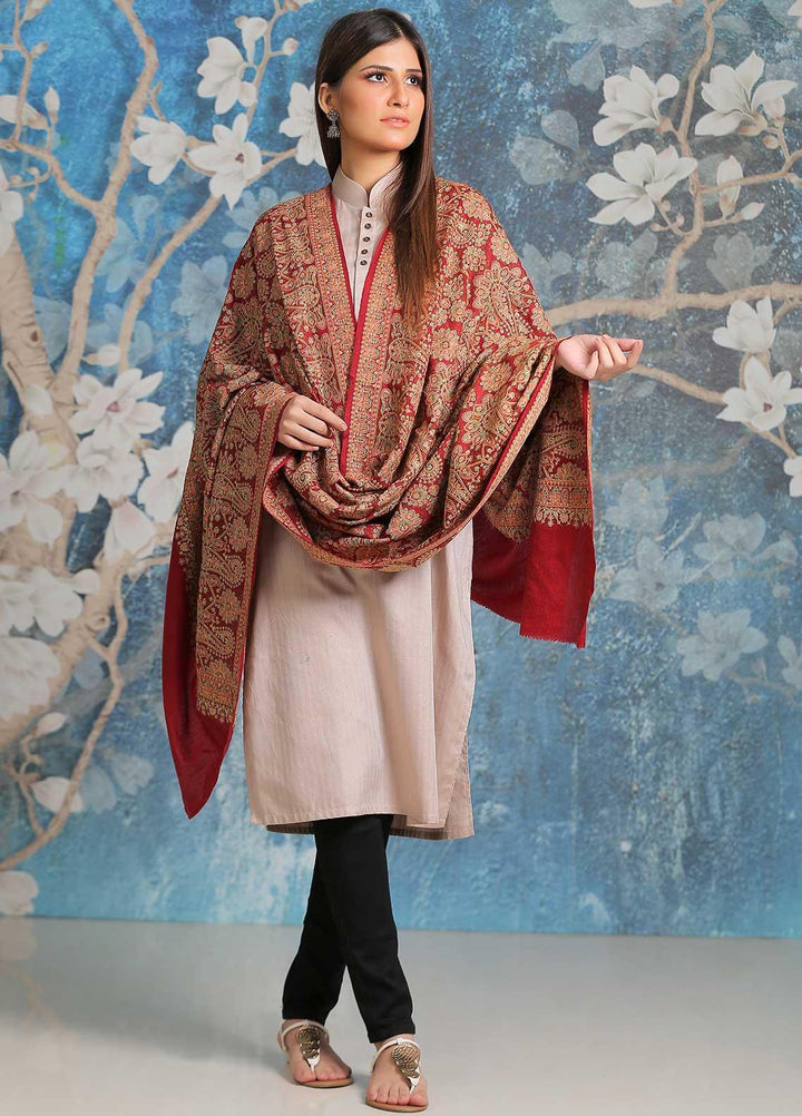 Sanaulla Exclusive Range Embroidered Pashmina  Shawl SU21PP MIR-45 Maroon - Pure Pashmina Shawls