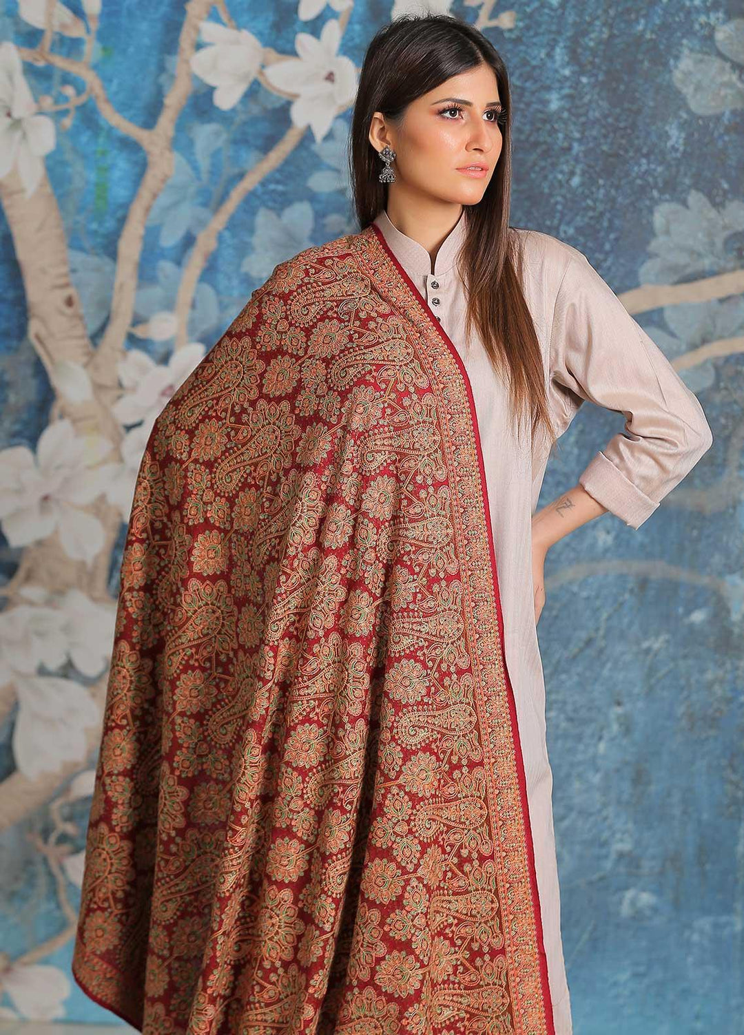 Sanaulla Exclusive Range Embroidered Pashmina  Shawl SU21PP MIR-45 Maroon - Pure Pashmina Shawls