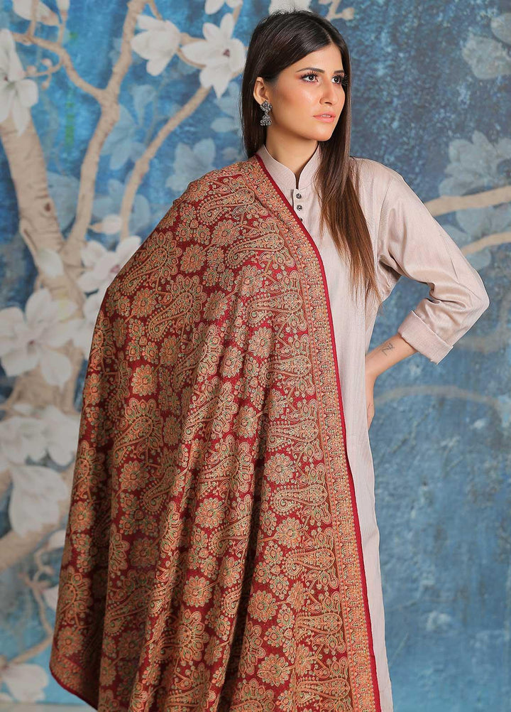 Sanaulla Exclusive Range Embroidered Pashmina  Shawl SU21PP MIR-45 Maroon - Pure Pashmina Shawls