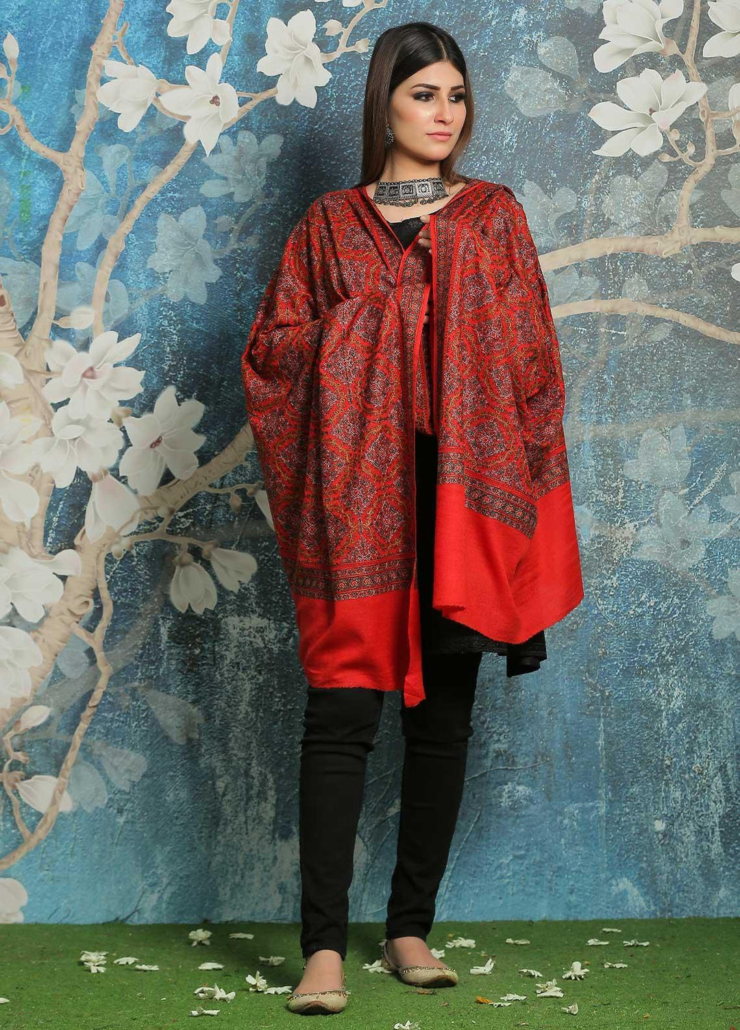 Sanaulla Exclusive Range Embroidered Pashmina  Shawl MIR-45 Red - Pashmina Shawls