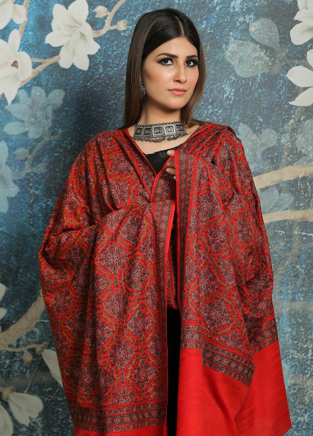 Sanaulla Exclusive Range Embroidered Pashmina  Shawl MIR-45 Red - Pashmina Shawls