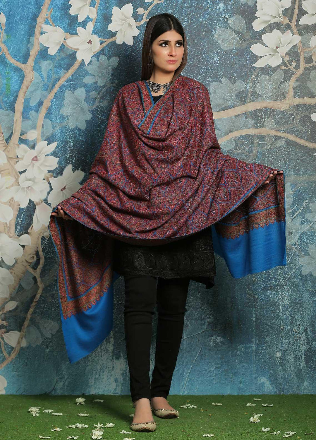 Sanaulla Exclusive Range Embroidered Pashmina  Shawl MIR-45 SK Blue - Pashmina Shawls