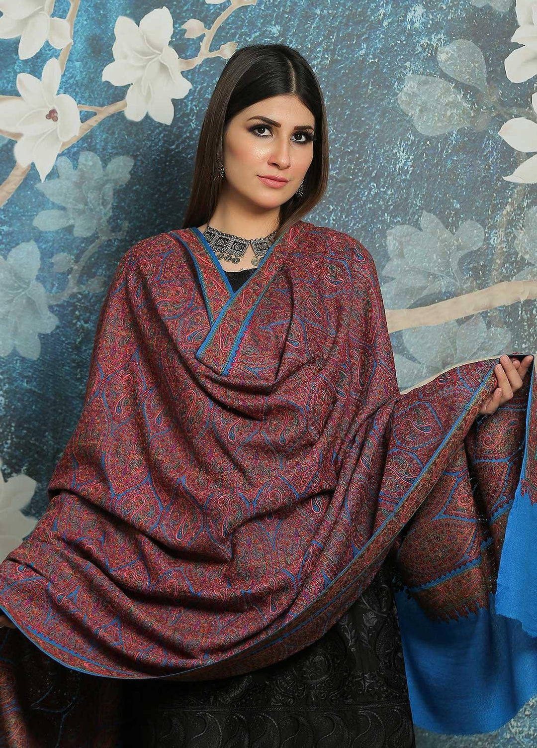 Sanaulla Exclusive Range Embroidered Pashmina  Shawl MIR-45 SK Blue - Pashmina Shawls