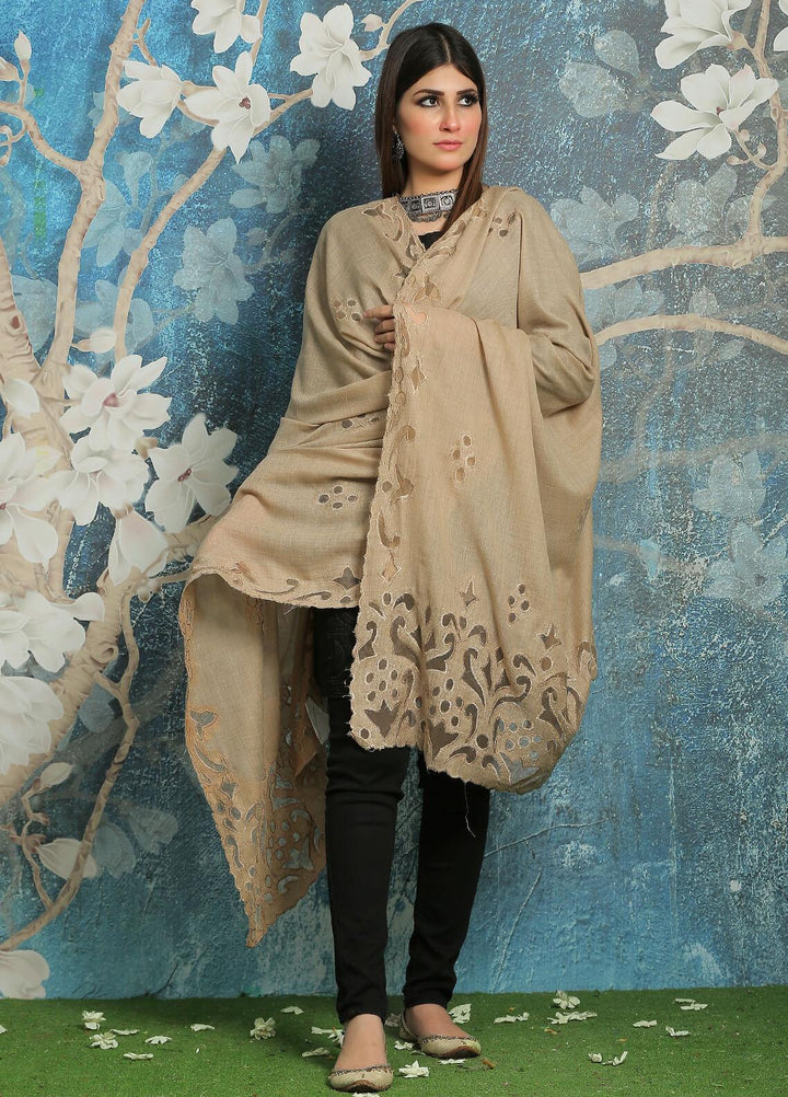 Sanaulla Exclusive Range Embroidered Pashmina  Shawl MIR-577 Fawn - Pashmina Shawls