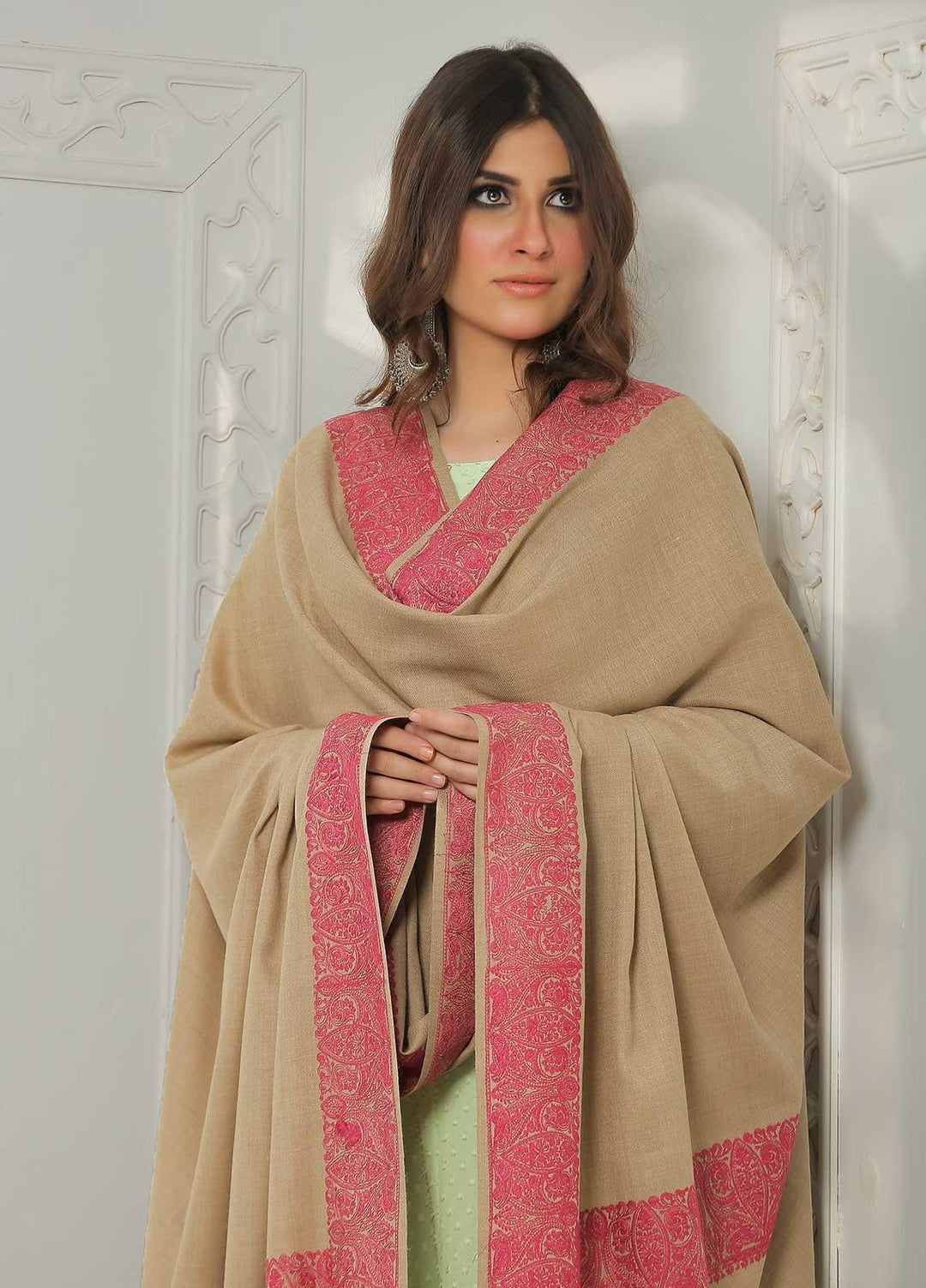 Sanaulla Exclusive Range Embroidered Pashmina  Shawl MIR-602-Beige - Pashmina Shawls