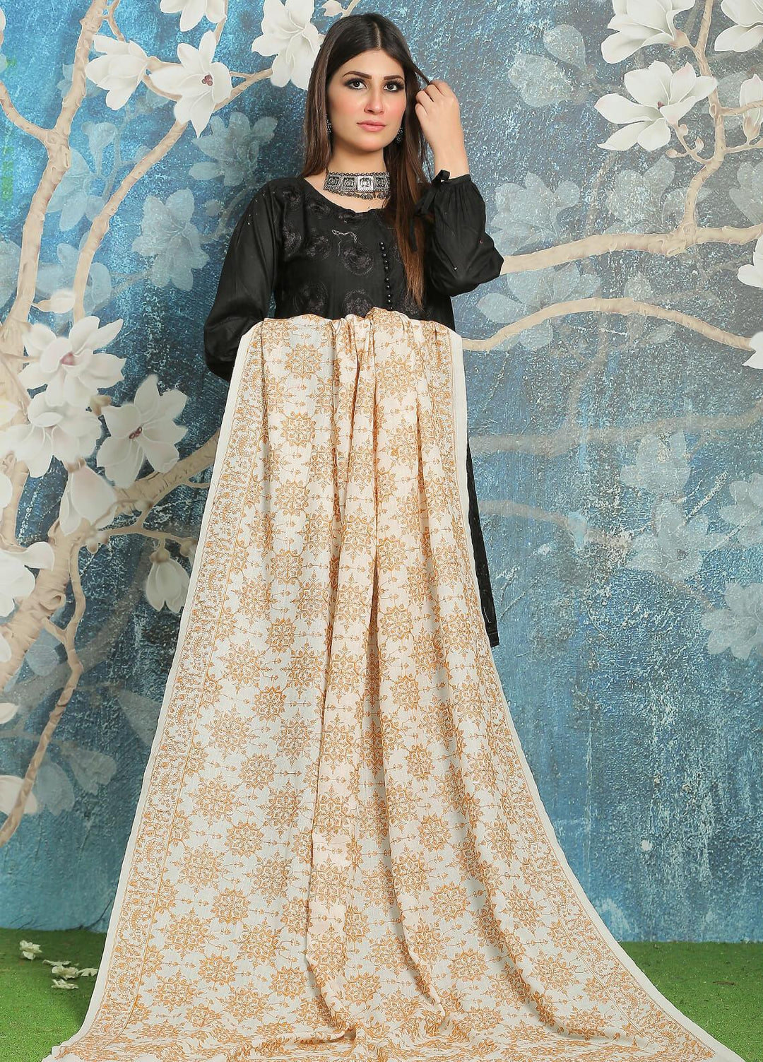 Sanaulla Exclusive Range Embroidered Pashmina  Shawl MIR-638 Off/White - Pashmina Shawls