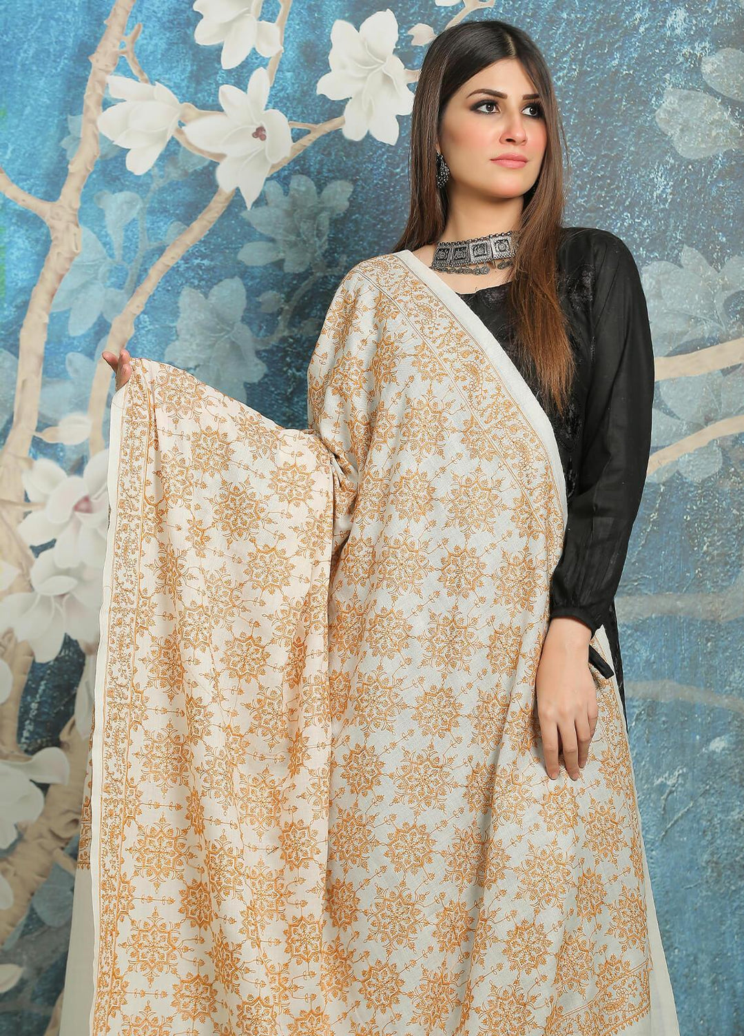 Sanaulla Exclusive Range Embroidered Pashmina  Shawl MIR-638 Off/White - Pashmina Shawls