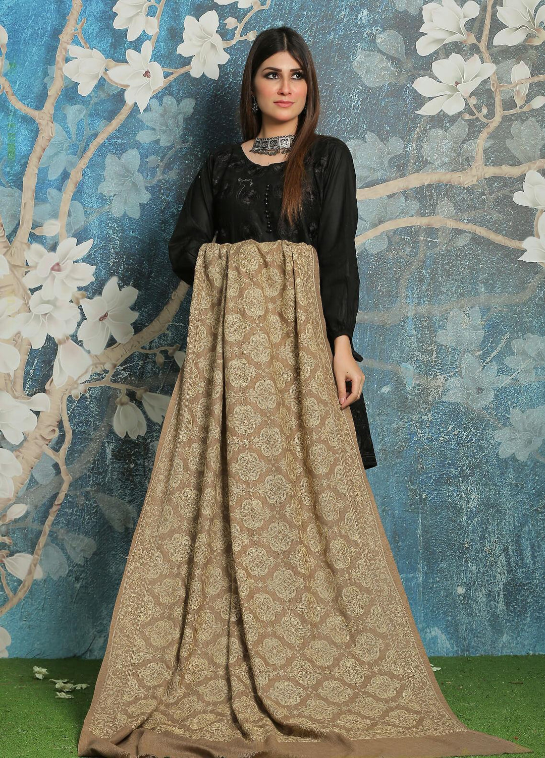 Sanaulla Exclusive Range Embroidered Pashmina  Shawl MIR-640 Brown - Pashmina Shawls