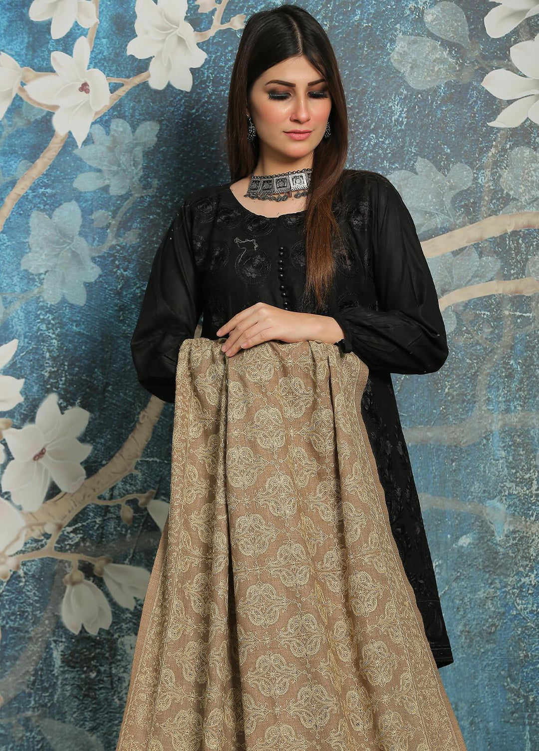 Sanaulla Exclusive Range Embroidered Pashmina  Shawl MIR-640 Brown - Pashmina Shawls