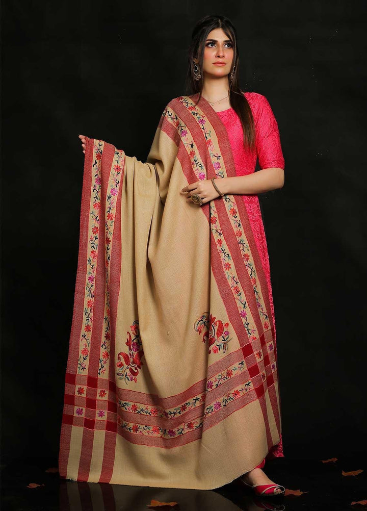 Sanaulla Exclusive Range Embroidered Pashmina  Shawl MIR-65 Fawn/Red - Pashmina Shawls