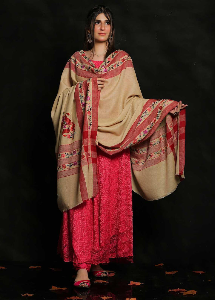 Sanaulla Exclusive Range Embroidered Pashmina  Shawl MIR-65 Fawn/Red - Pashmina Shawls