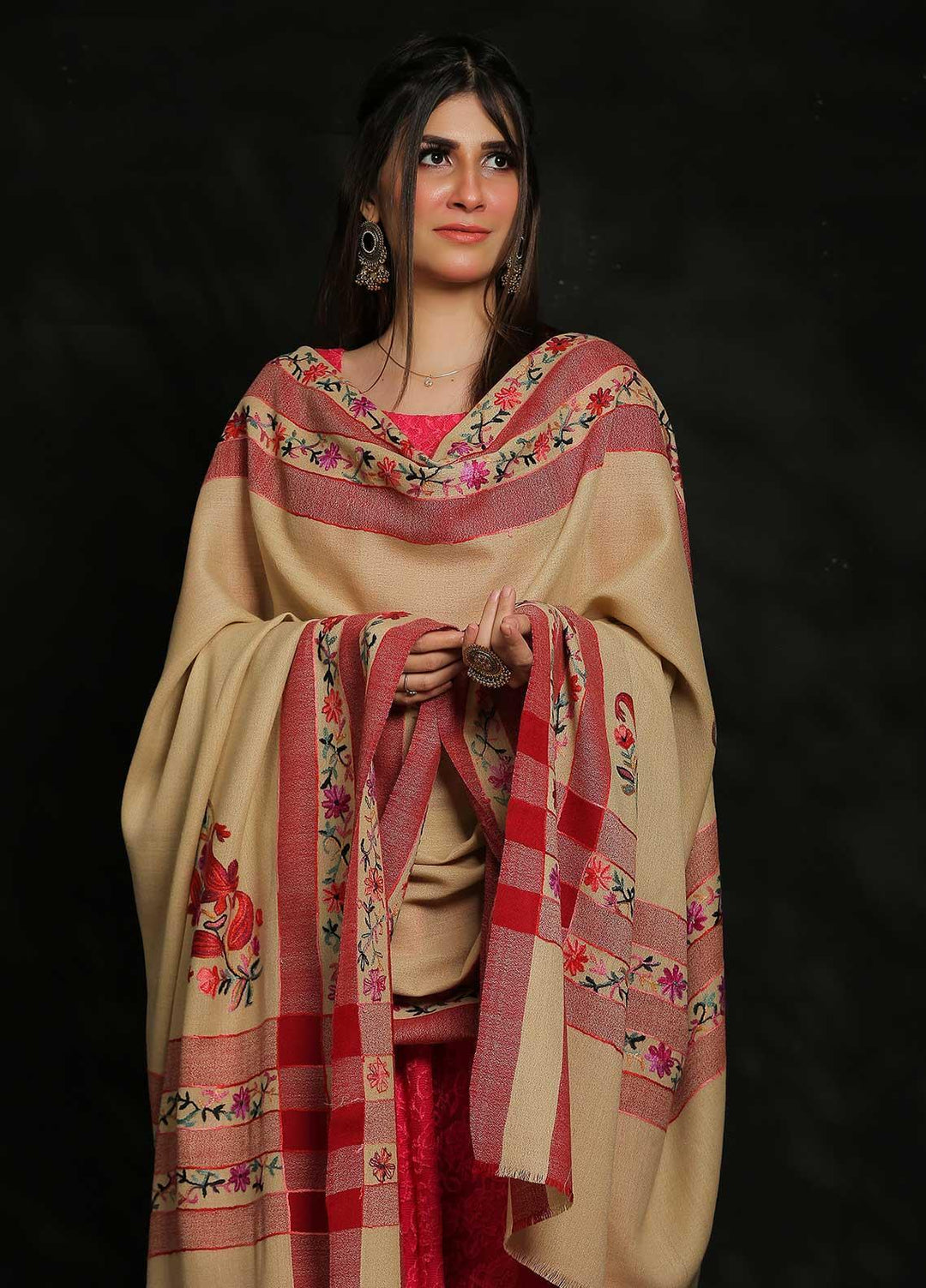 Sanaulla Exclusive Range Embroidered Pashmina  Shawl MIR-65 Fawn/Red - Pashmina Shawls