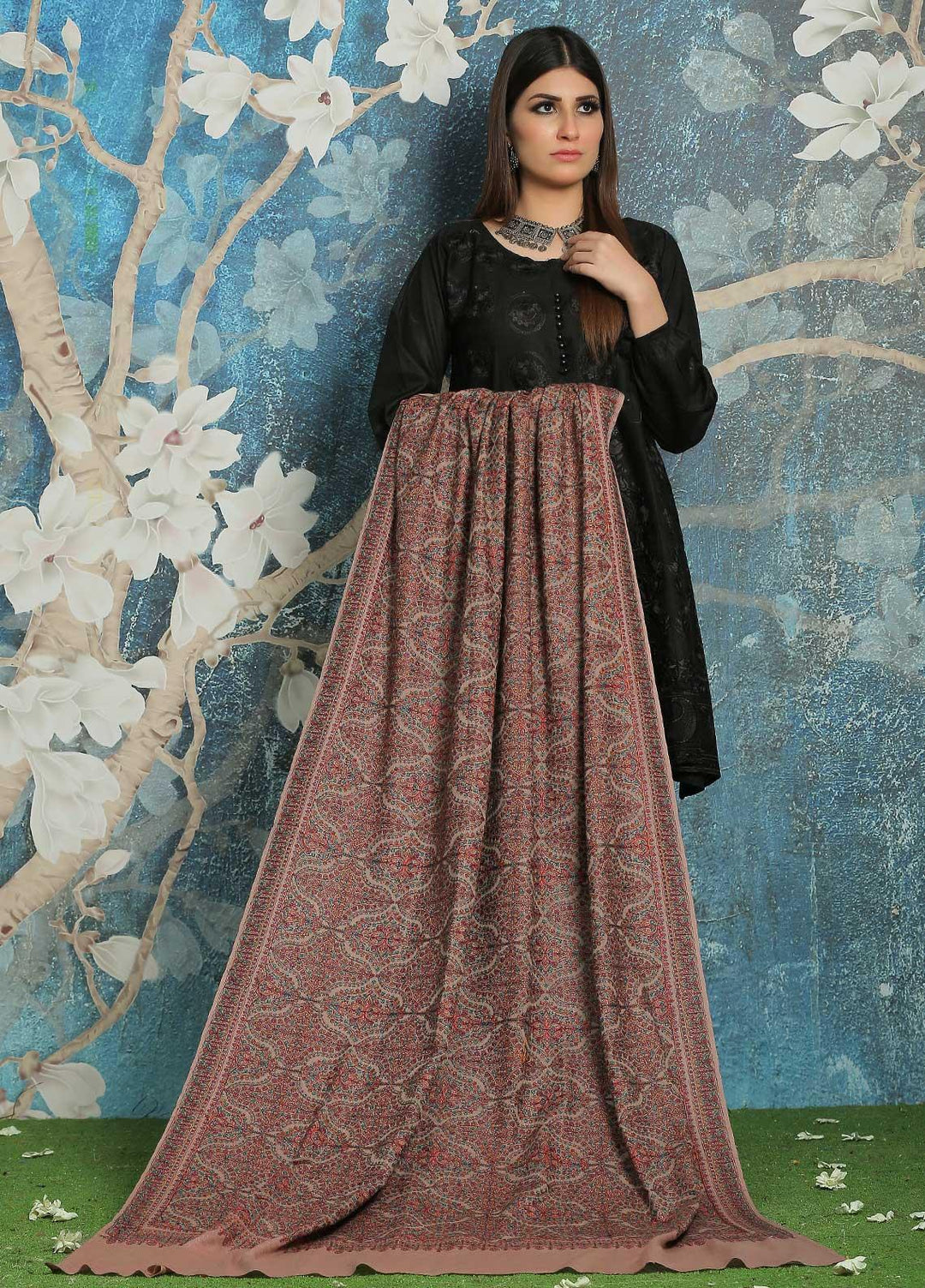 Sanaulla Exclusive Range Embroidered Pashmina  Shawl MIR-693-Brown - Pashmina Shawls