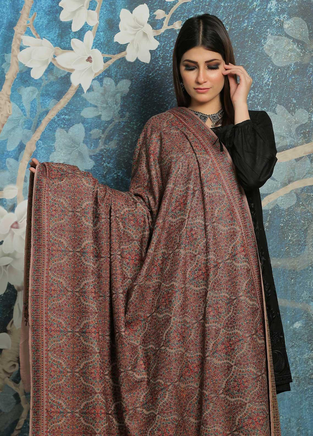Sanaulla Exclusive Range Embroidered Pashmina  Shawl MIR-693-Brown - Pashmina Shawls