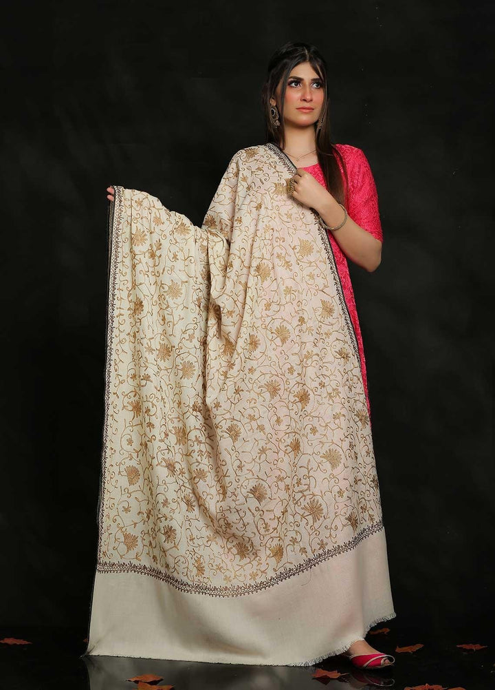Sanaulla Exclusive Range Embroidered Pashmina  Shawl MIR-713-Off white1 - Pashmina Shawls
