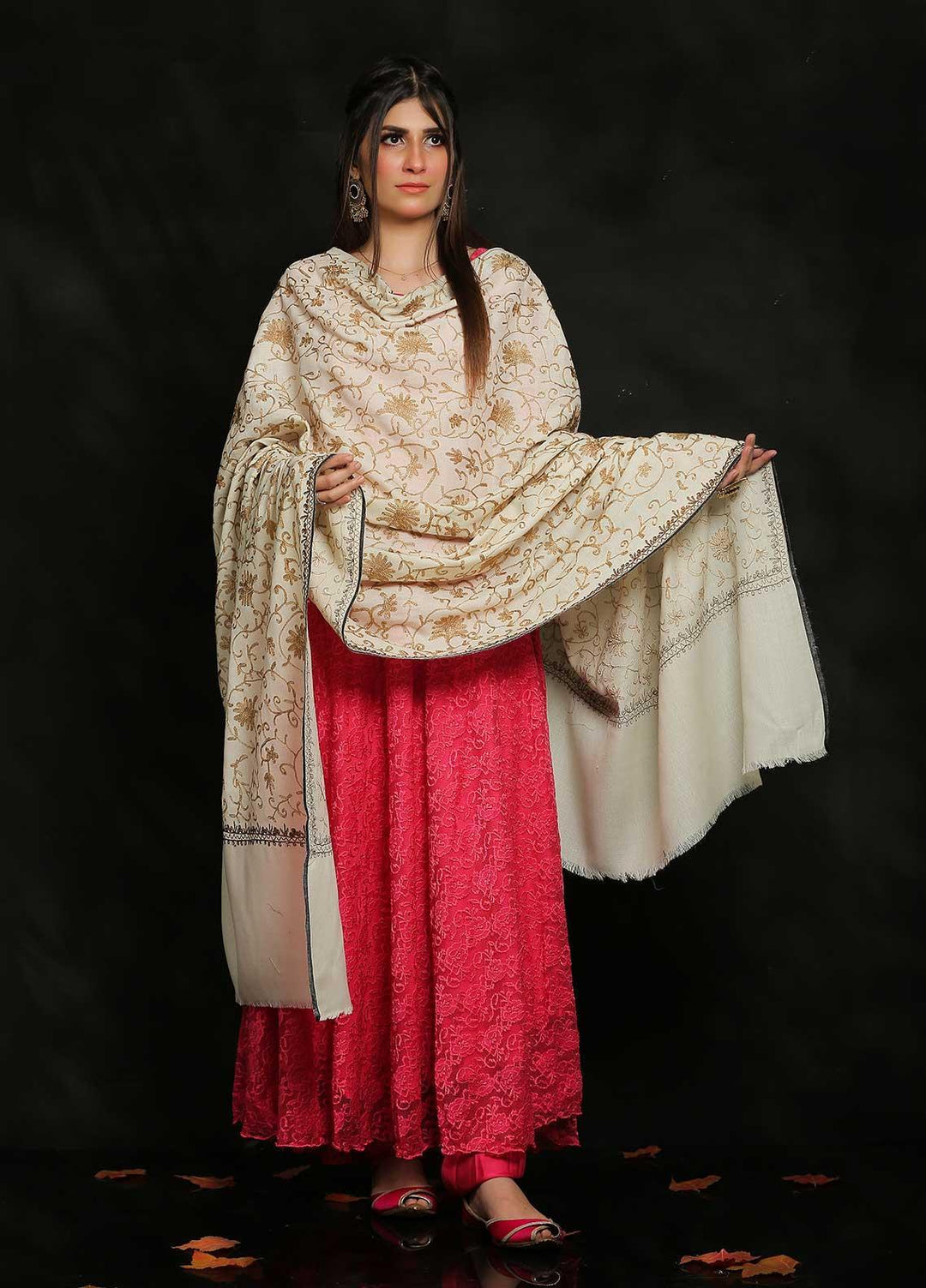 Sanaulla Exclusive Range Embroidered Pashmina  Shawl MIR-713-Off white1 - Pashmina Shawls