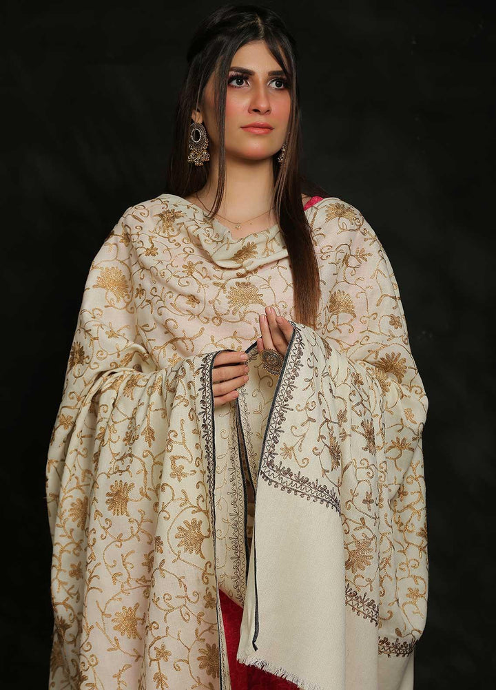Sanaulla Exclusive Range Embroidered Pashmina  Shawl MIR-713-Off white1 - Pashmina Shawls
