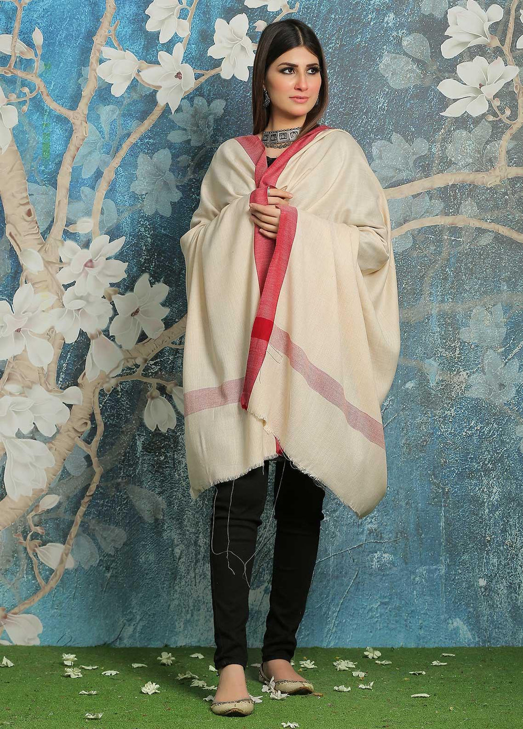 Sanaulla Exclusive Range Embroidered Pashmina  Shawl MIR-752-Fawn - Pashmina Shawls