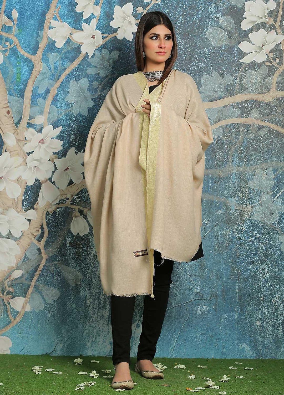 Sanaulla Exclusive Range Embroidered Pashmina  Shawl MIR-770-L-Fawn - Pashmina Shawls