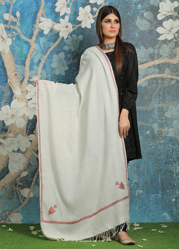Sanaulla Exclusive Range Embroidered Pashmina  Shawl MIR-773-Off White - Pashmina Shawls