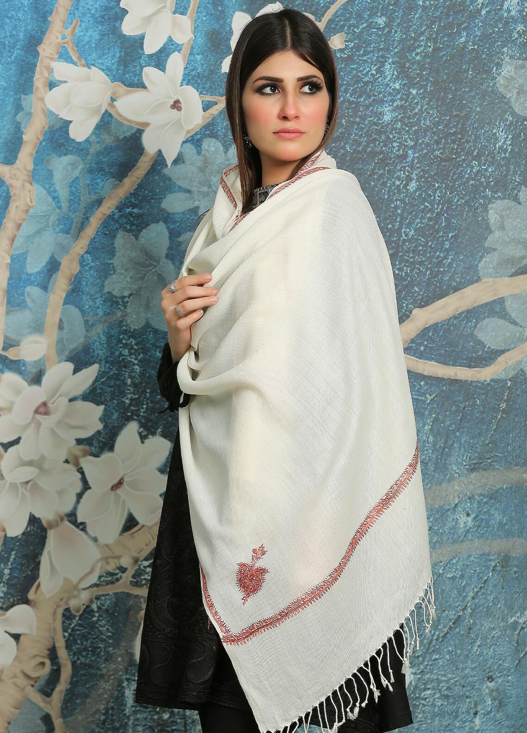 Sanaulla Exclusive Range Embroidered Pashmina  Shawl MIR-773-Off White - Pashmina Shawls