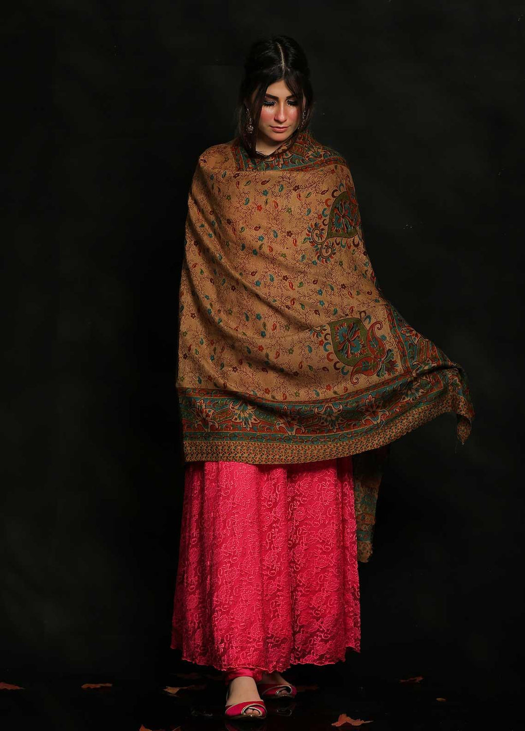 Sanaulla Exclusive Range Embroidered Pashmina  Shawl MIR-91 Brown2 - Pashmina Shawls